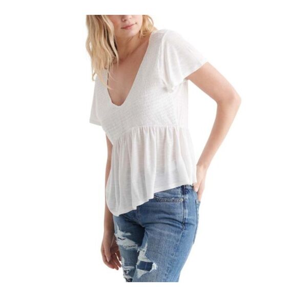 LUCKY BRAND Womens White Smocked Flutter Sleeve V Neck Baby Doll Top S - Picture 3 of 3